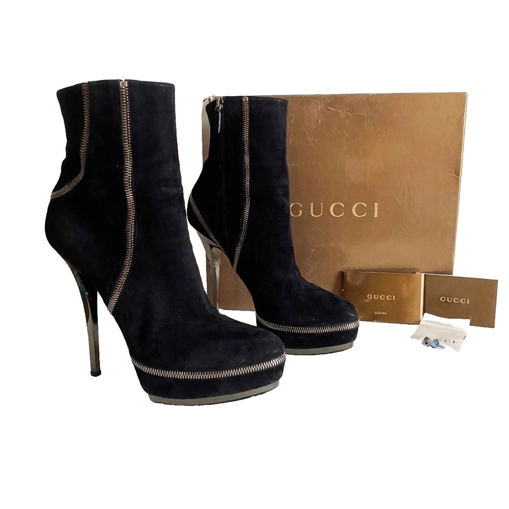 Gucci Black Suede Zipper Platform Ankle Boots 40 Stiletto Italy Frida Giannini